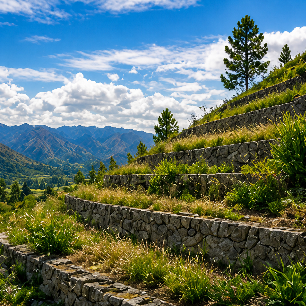 Paisaje de terrazas y montañas